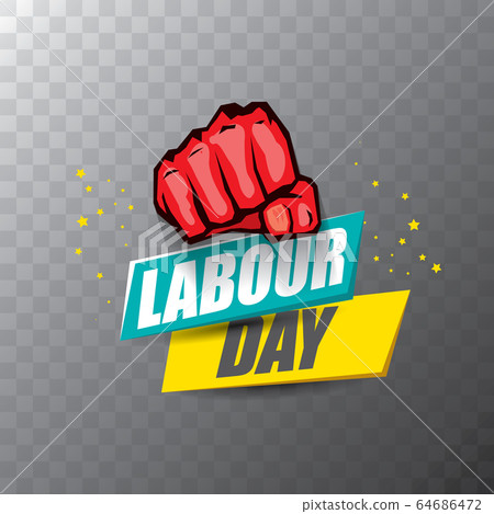 Happy labour day vector label with strong orange fist on transparent background. vector happy labor day background or banner with man hand. workers may day poster Happy labour day vector label with strong orange fist on transparent background. vector happy labor day background or banner with man hand. workers may day poster 64686472