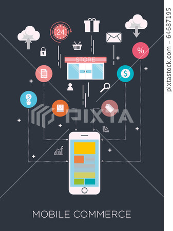 Technology concept idea, e-commerce on mobile and shopping online concept on dark background, flat line vector and illustration. 64687195
