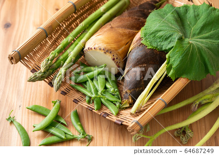 Spring vegetables in a colander 64687249