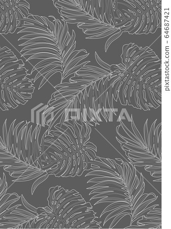Patterns line arts of tropical leaves nature and plants are similar palm trees and ferns on gray background, flat line vector and illustration. Patterns line arts of tropical leaves nature and plants are similar palm trees and ferns on gray background, flat line vector and illustration. 64687421