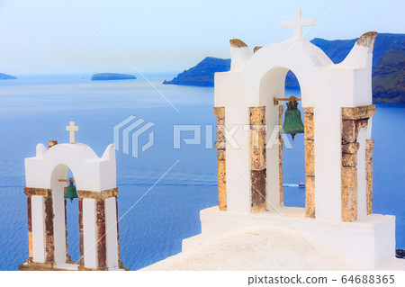 Sea and white church, Santorini, Greece Sea and white church, Santorini, Greece 64688365