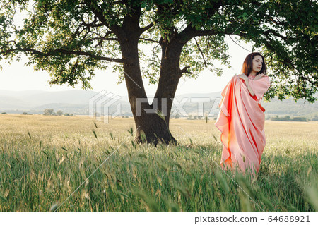 Beautiful Active Free Girl on Summer Green Outdoor Beautiful Active Free Girl on Summer Green Outdoor 64688921
