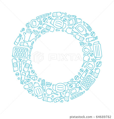 Hand drawn monoline Pharmacy doodle set background in vector frame. Collection design elements with place for your text 64689782