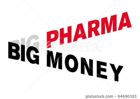 Big Pharma Big Money lettering. Words shown in capital letters, distorted and offset, with a three-dimensional effect. Red, gray and black letters. Isolated illustration on white background. Vector. 64690383