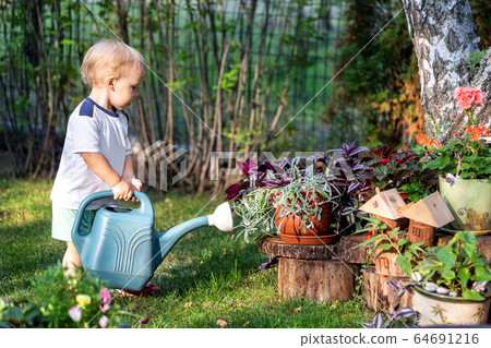 Cuate adorable caucasian blond little toddler boy in watering flowerbed flower pot with green plastic can outdoors. Fun baby boy gardening plant at backyard countryside cottage on bright summer day Cuate adorable caucasian blond little toddler boy in watering flowerbed flower pot with green plastic can outdoors. Fun baby boy gardening plant at backyard countryside cottage on bright summer day 64691216
