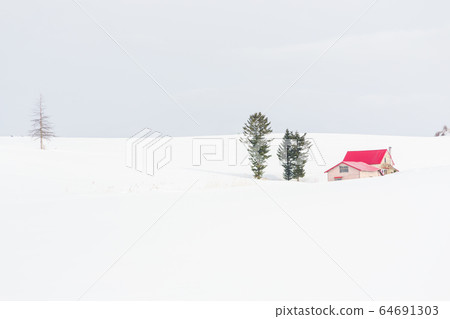 The contrast between the red house and the snowfields Biei 64691303