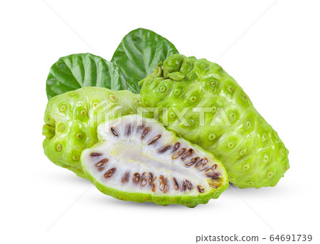 Noni fruit with leaf on white background. full depth of field Noni fruit with leaf on white background. full depth of field 64691739