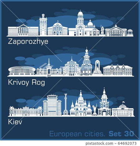 Zaporozhye, Krivoy Rog, Kiev City skyline set. Ukraine. Vector silhouette on blue. 64692073