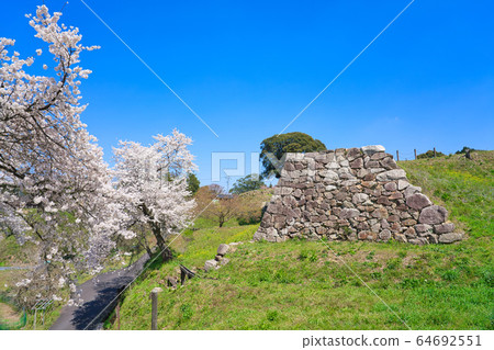 <Shimane Prefecture> Gassan Toda Castle ruins and cherry blossoms; stone walls of the Yamanaka Palace ruins <Shimane Prefecture> Gassan Toda Castle ruins and cherry blossoms; stone walls of the Yamanaka Palace ruins 64692551