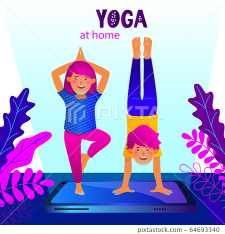 Concept of yoga at home, yoga online via internet. Cute boy and girl are doing yoga asana standing on giant smartphone. Modern flat vector illustration. Concept of yoga at home, yoga online via internet. Cute boy and girl are doing yoga asana standing on giant smartphone. Modern flat vector illustration. 64693340