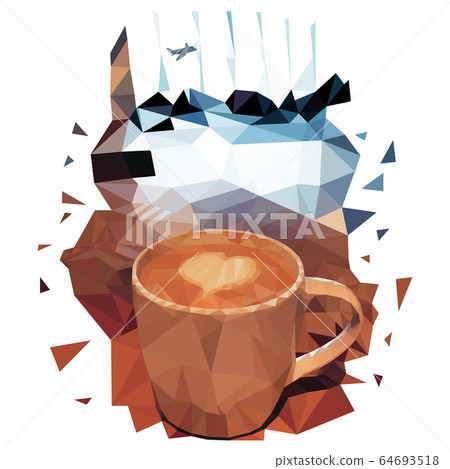 Vector illustration of polygons cappuccino Cup with a heart on milk foam. Cafe with coffee in the waiting room at the airport. People and huge Windows with a plane and runway in the background. Vector illustration of polygons cappuccino Cup with a heart on milk foam. Cafe with coffee in the waiting room at the airport. People and huge Windows with a plane and runway in the background. 64693518