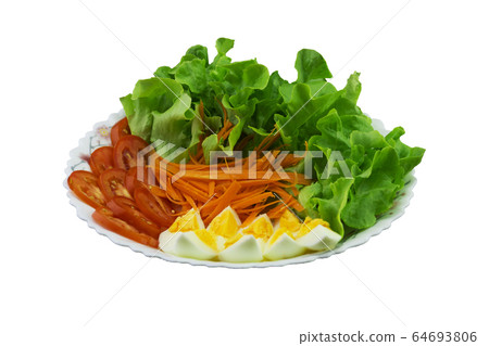 Lettuce, carrots, tomatoes and boiled eggs on the plate with clipping path Lettuce, carrots, tomatoes and boiled eggs on the plate with clipping path 64693806