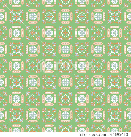 Portuguese style ceramic tile green seamless pattern. Mediterranean Lisbon street wall tiles design pastel blue gold colors. 64695410
