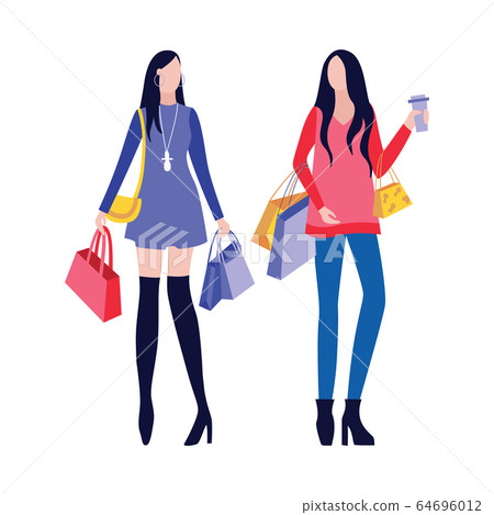 Girlfriends cartoon characters go shopping flat vector illustration isolated. 64696012