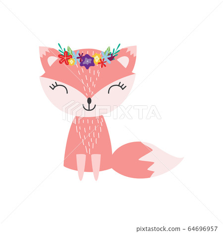 Cute fox flower wreath flat vector illustration... - Stock Illustration ...