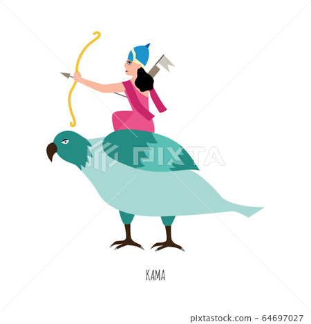 Indian goddess Kama or Kamadeva on parrot flat vector illustration isolated. 64697027