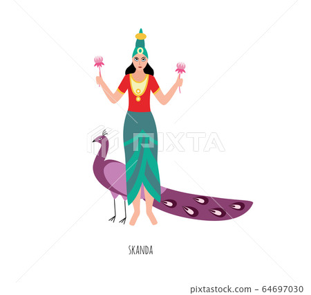 Skanda - Hindu god of war standing with peacock bird Skanda - Hindu god of war standing with peacock bird 64697030