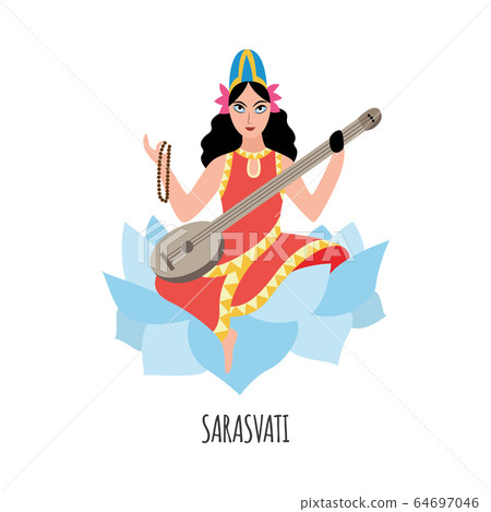 Indian goddess of Wisdom Saraswati character, vector illustration isolated. 64697046