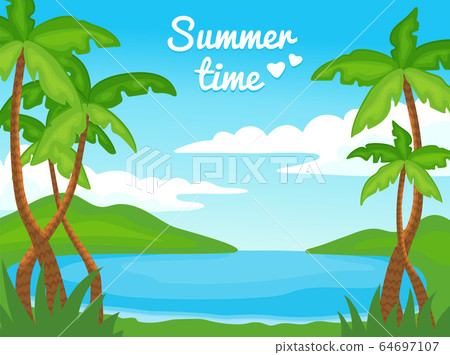 Summer time nature landscape with palm trees and blue lake shore 64697107