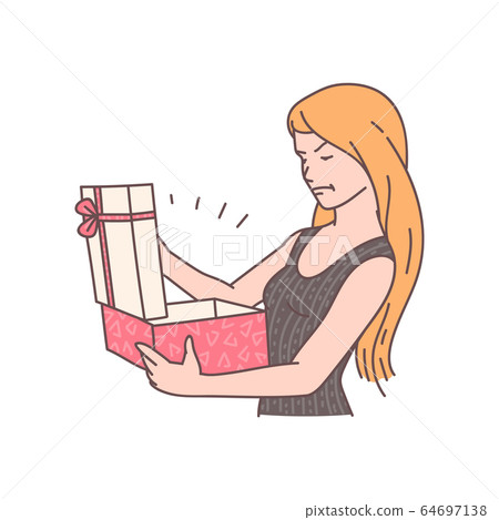 Cartoon woman with open gift box and angry or mad facial expression 64697138