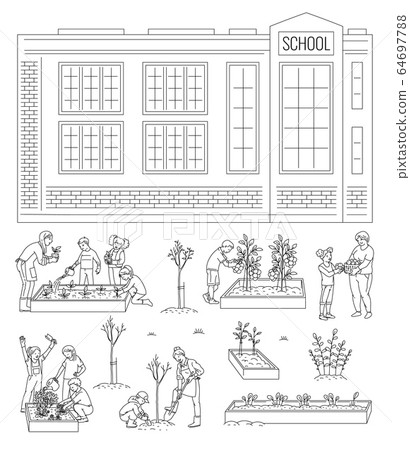 Children working in school garden - isolated line art set of kids gardening 64697788