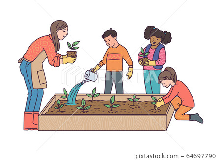 Kids planting seedlings in school garden sketch vector illustration isolated. 64697790