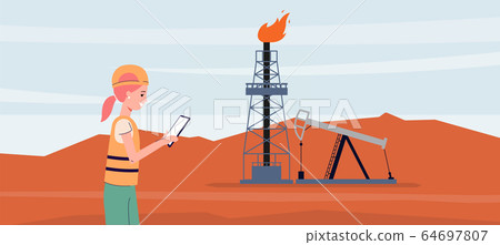Engineer woman standing by oil drilling rig and well with pumpjack and using tablet Engineer woman standing by oil drilling rig and well with pumpjack and using tablet 64697807