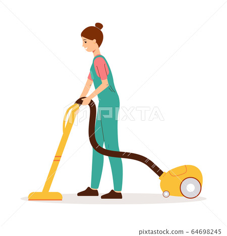Cleaner woman using yellow vacuum cleaner to... - Stock Illustration ...