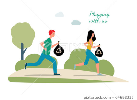 Plogging banner with running people cleaning litter, flat vector illustration. 64698335