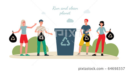 Run and clean planet - plogging banner with ecology activists with garbage bin Run and clean planet - plogging banner with ecology activists with garbage bin 64698337