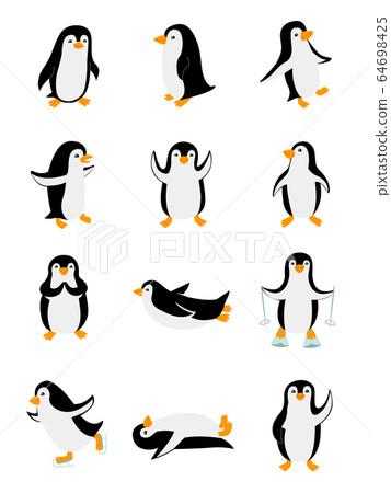Set of little penguins in different poses. Funny animals isolated on white background. Cartoon characters vector illustration 64698425