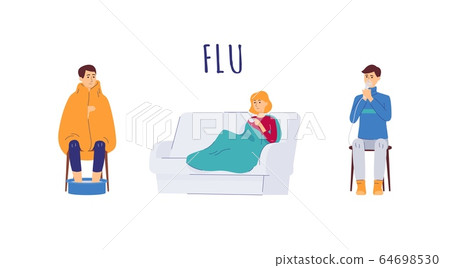 Cartoon people with flu virus symptoms - isolated set of men and woman 64698530