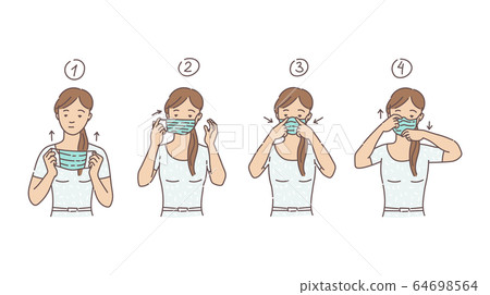 Woman putting on medical mask sketch cartoon vector illustration isolated. 64698564