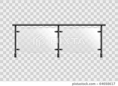 Glass fence section with metal handrails realistic vector illustration isolated. 64698617