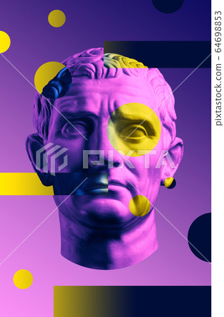 Statue of Guy Julius Caesar Octavian Augustus. Creative concept colorful neon image with ancient roman sculpture Guy Julius Caesar Octavian Augustus head. Cyberpunk, vaporwave and surreal art style. Statue of Guy Julius Caesar Octavian Augustus. Creative concept colorful neon image with ancient roman sculpture Guy Julius Caesar Octavian Augustus head. Cyberpunk, vaporwave and surreal art style. 64698853