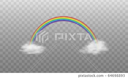 Mockup of rainbow color arch on clouds, realistic vector illustration isolated. 64698893