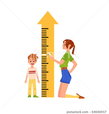 Mother measures son height by ruler meter, flat vector illustration isolated. 64698937