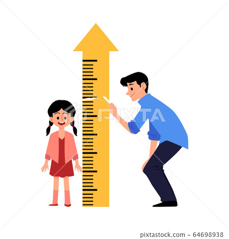 Father check daughter height by ruler meter, flat vector illustration isolated. Father check daughter height by ruler meter, flat vector illustration isolated. 64698938