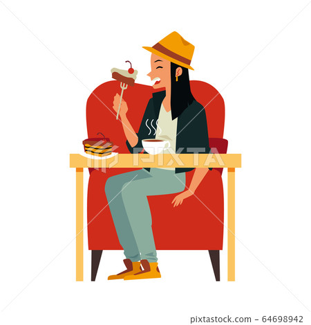 Woman eating cake - cartoon girl sitting on big chair with table and food Woman eating cake - cartoon girl sitting on big chair with table and food 64698942