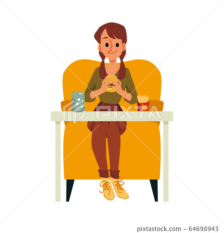 Cartoon girl eating burger sitting on big chair... - Stock Illustration  [64698943] - PIXTA