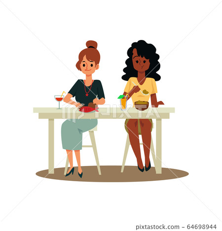 Caucasian and african american women eating flat vector illustration isolated. 64698944