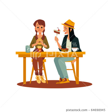Two friend girls eating junk and sweet food, flat vector illustration isolated. 64698945
