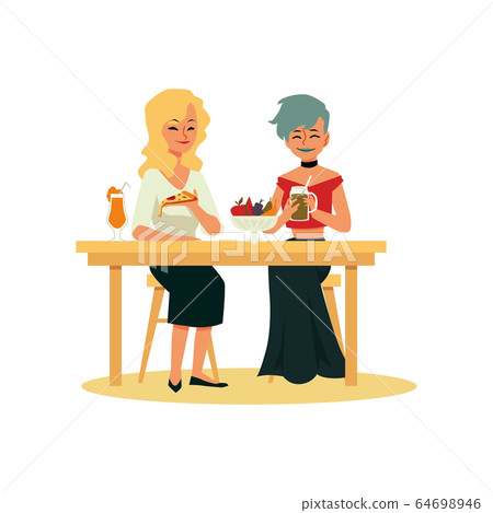 Women cartoon characters eat salad and pizza, flat vector illustration isolated. 64698946