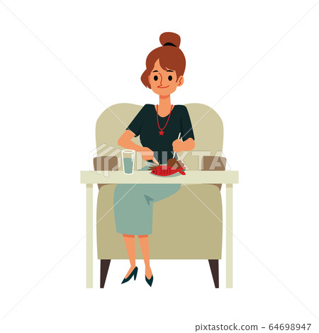 Cartoon woman eating red fish meal sitting on a chair with table 64698947