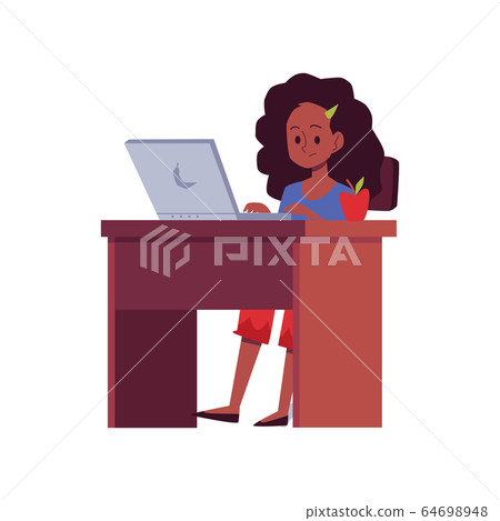 African american teen girl studying online flat vector illustration isolated. African american teen girl studying online flat vector illustration isolated. 64698948