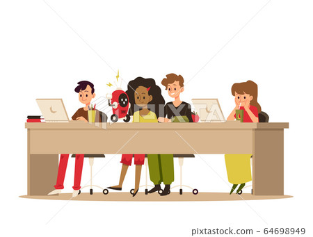 Children and teens of different races sit at a table and study online using a laptop. 64698949