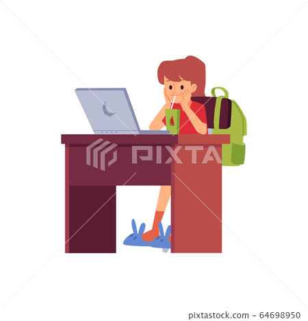 Little girl sitting at desk with laptop drinking juice and smiling Little girl sitting at desk with laptop drinking juice and smiling 64698950