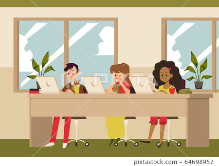 Room with children characters studying online flat vector illustration. 64698952