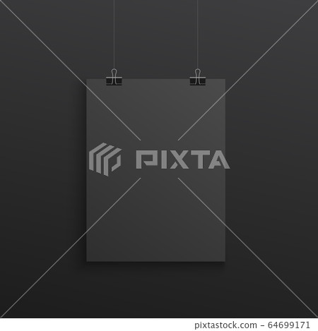 Black poster hanging with binder clips - realistic mockup on dark background. Black poster hanging with binder clips - realistic mockup on dark background. 64699171