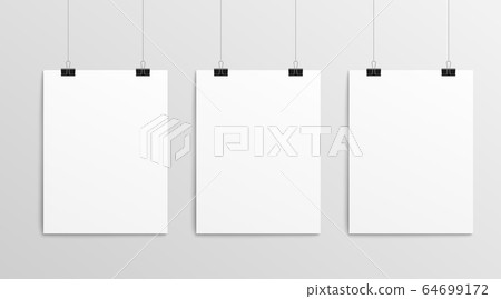 Hanging paper posters - realistic blank template of three white sheets Hanging paper posters - realistic blank template of three white sheets 64699172